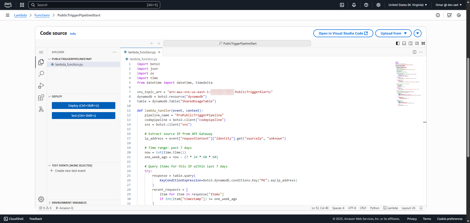 Lambda PublicTriggerPipelineStart Code