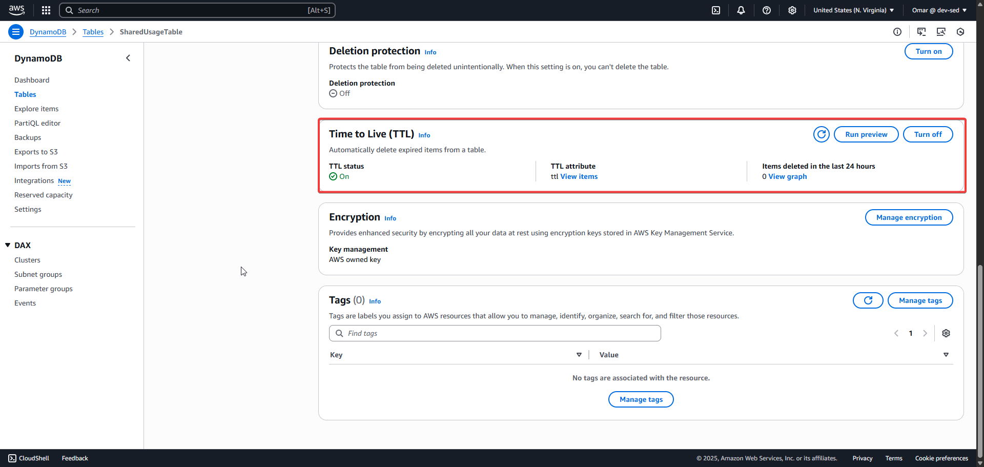 DynamoDB TTL Enabled